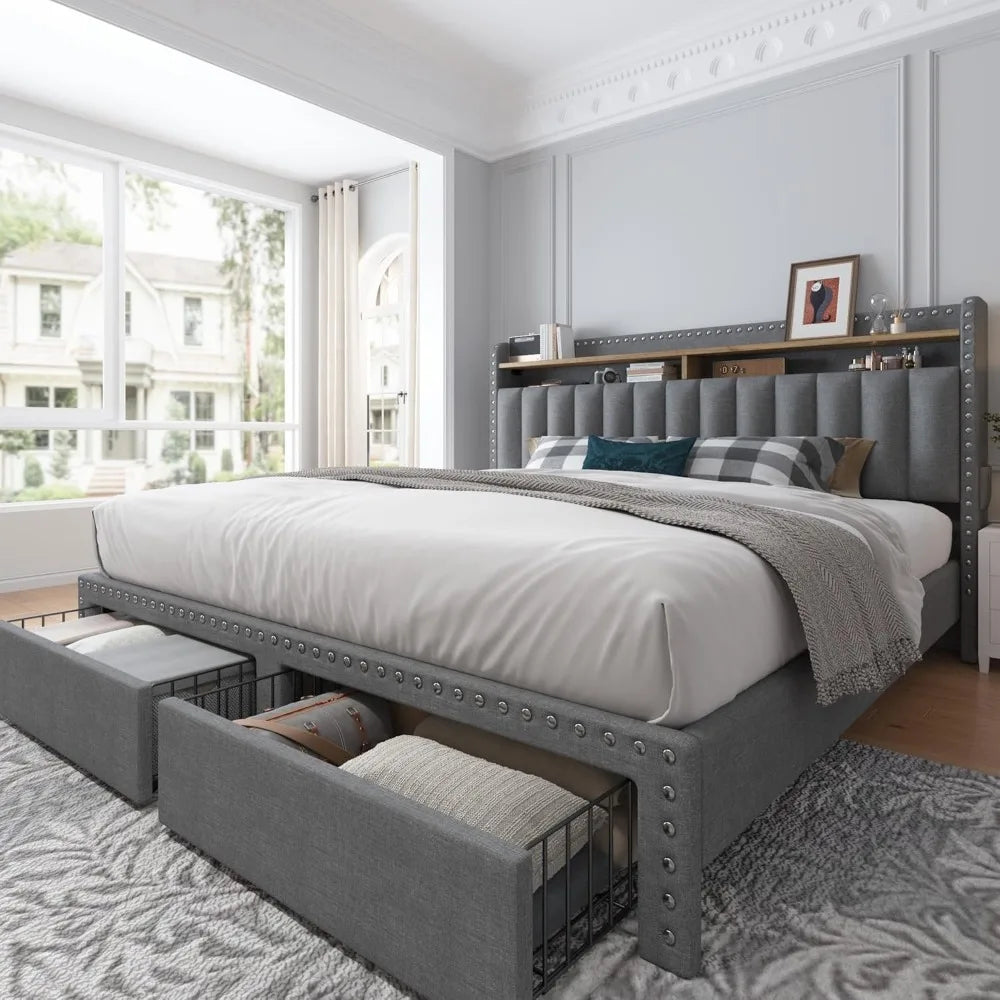 Cushion upholstered Bed Frame with 2 Drawer Storage
