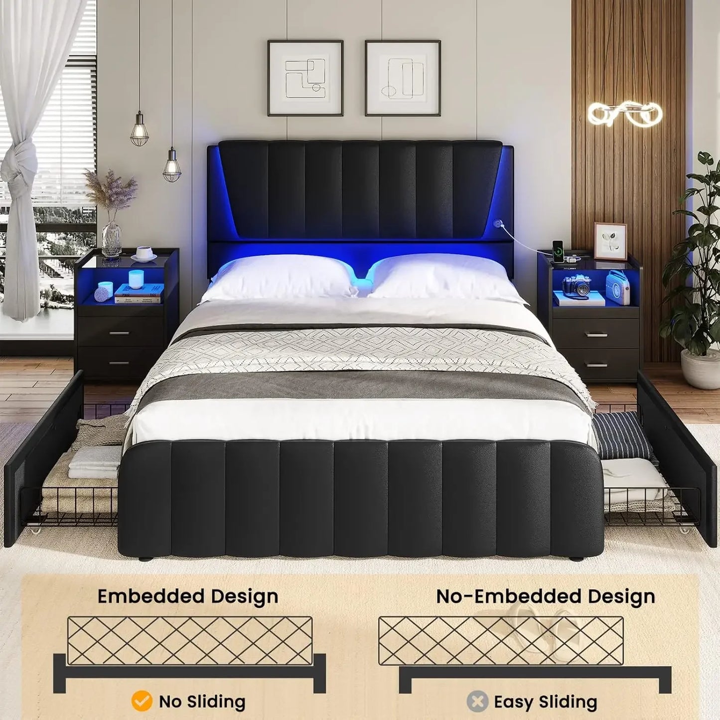 Bed Frame with 4 Storage Drawers, Led Lights & 2 USB Ports