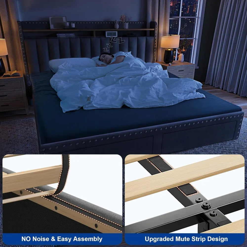 Cushion upholstered Bed Frame with 2 Drawer Storage
