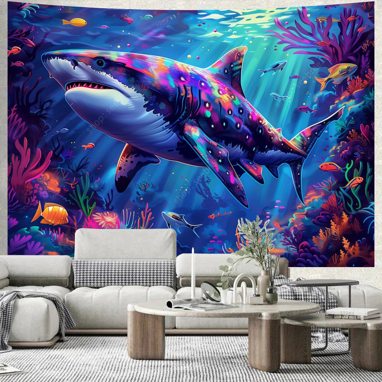 Psychedelic Shark UV Reactive tapestry