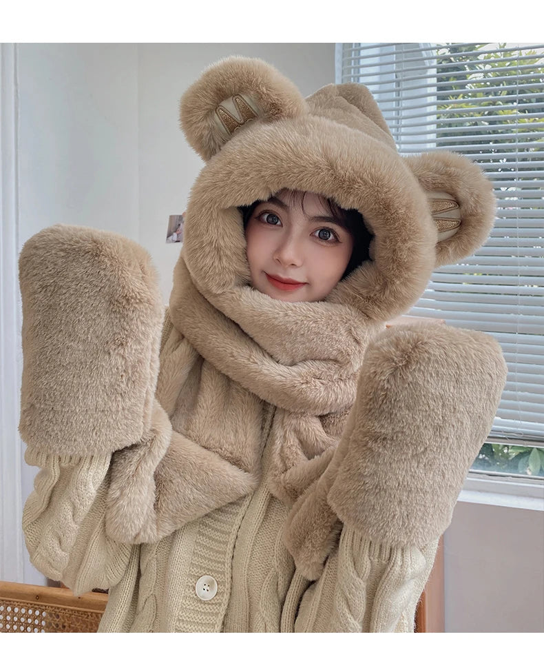 Super Thick Warm Plushie Bear Hooded Scarf