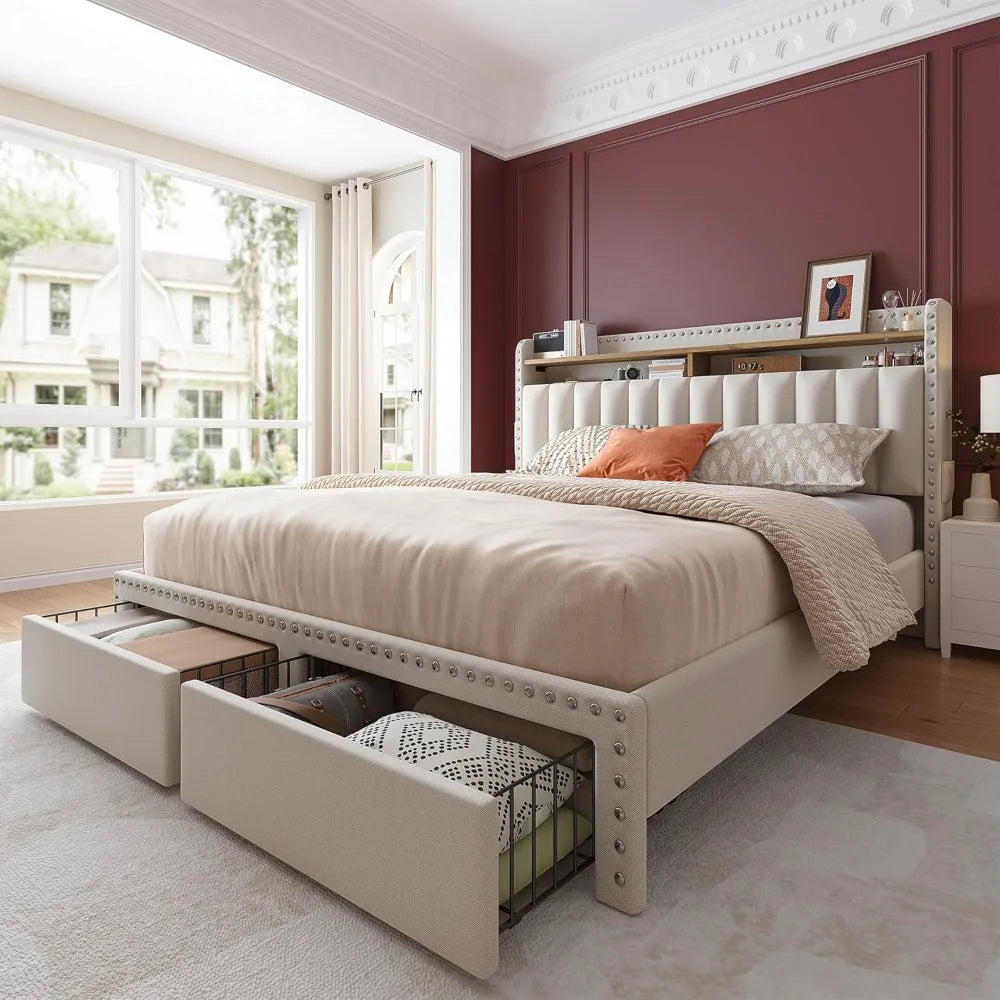 Cushion upholstered Bed Frame with 2 Drawer Storage