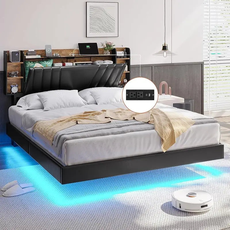 Floating LED bedframe with Storage and Charging Station