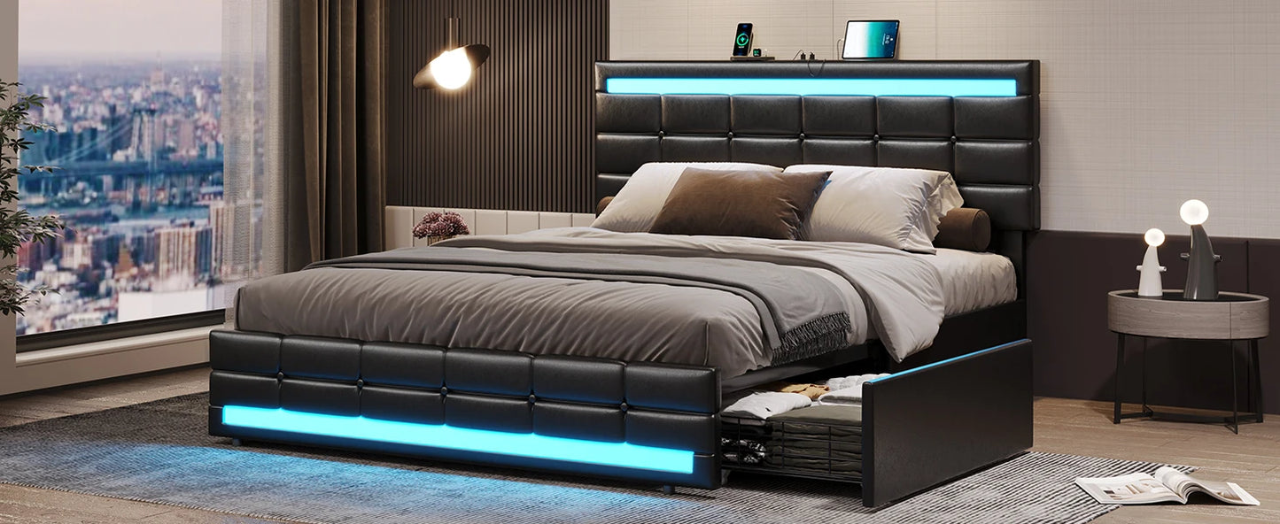 Bed Frame with Drawers & LED Lights Headboard Footboard