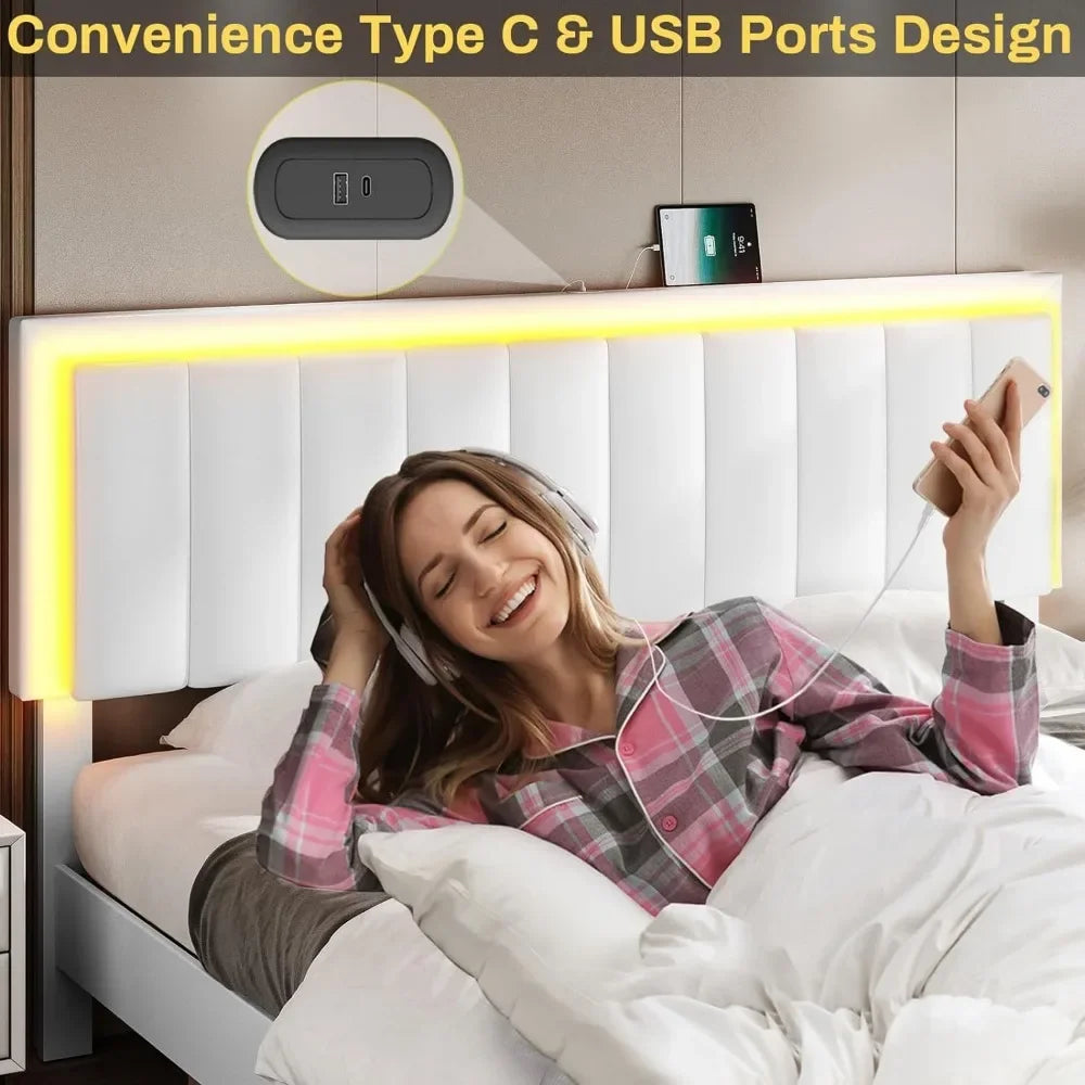 Bed Frame with Led Lights, USB Ports and Adjustable Headboard