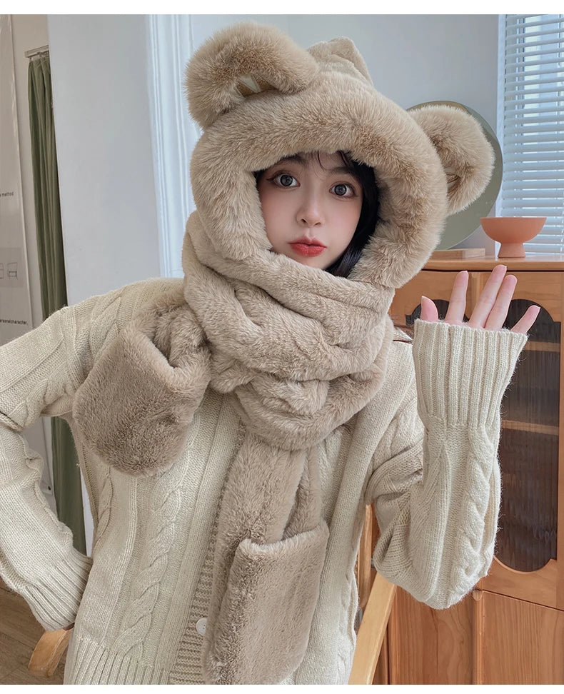 Super Thick Warm Plushie Bear Hooded Scarf