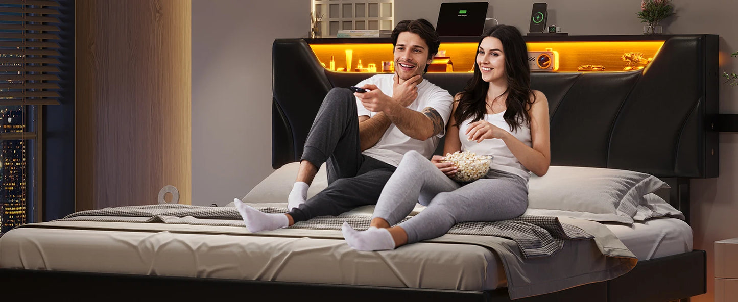 Floating LED bedframe with Storage and Charging Station