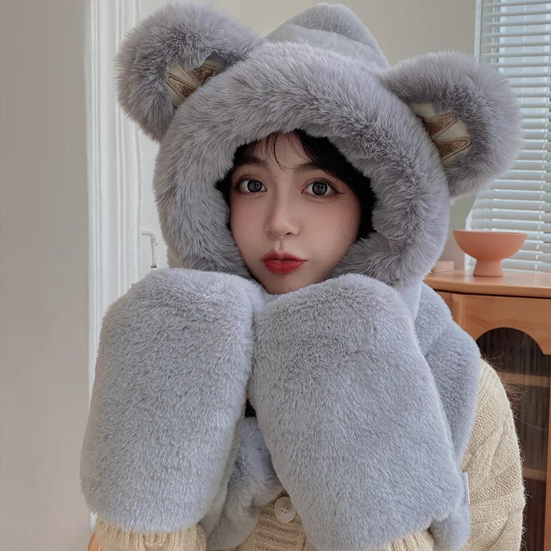 Super Thick Warm Plushie Bear Hooded Scarf