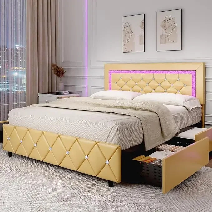 Princess style Bed Frame with Diamond Headboard and Storage