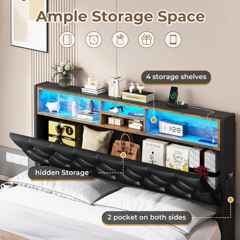 Bed Frame with 3-Tier Headboard & Hidden Storage