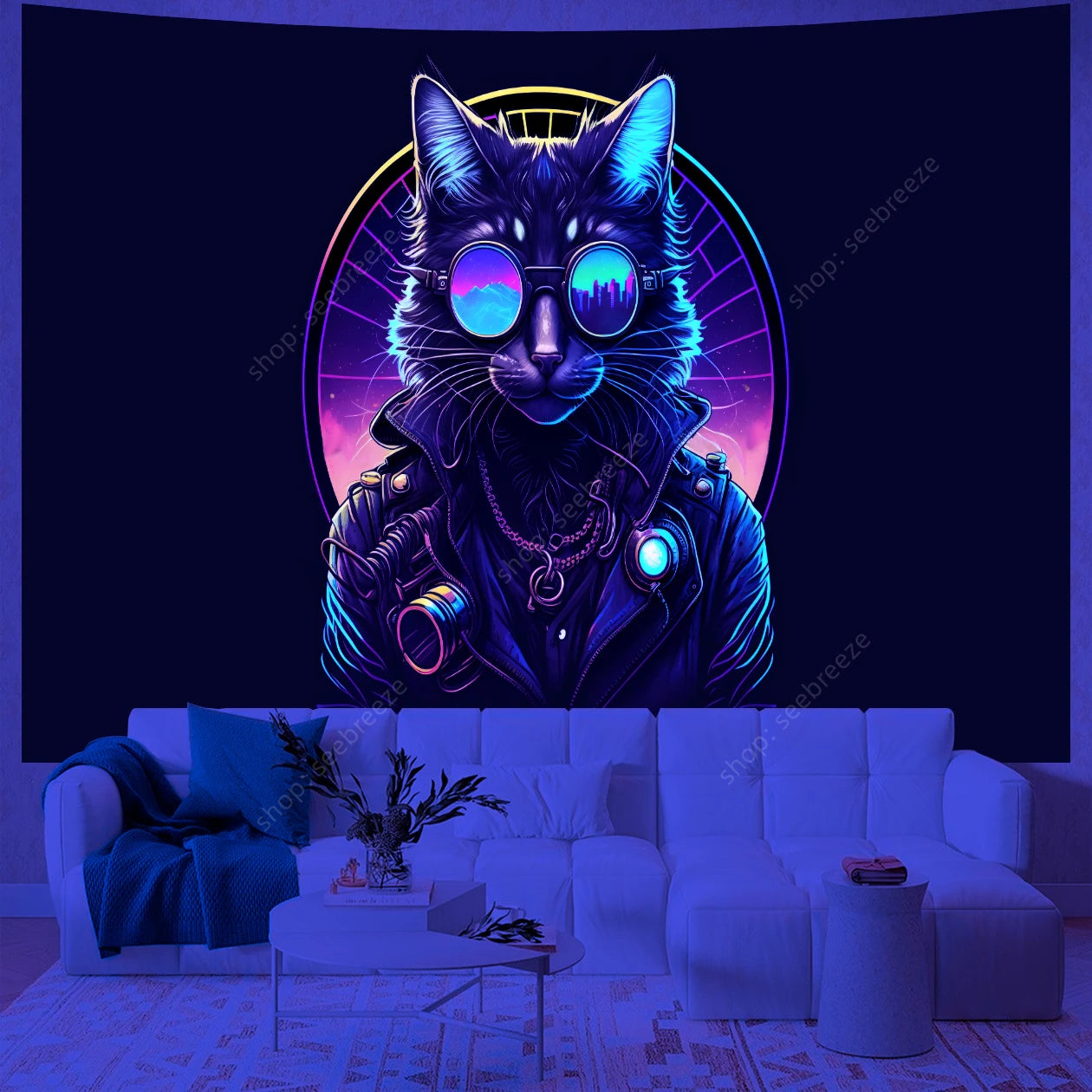 Psychedelic Cute Cat UV Reactive tapestry