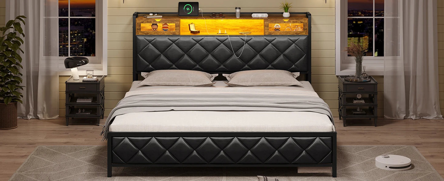 Bed Frame with Led Lights, USB Ports and Adjustable Headboard