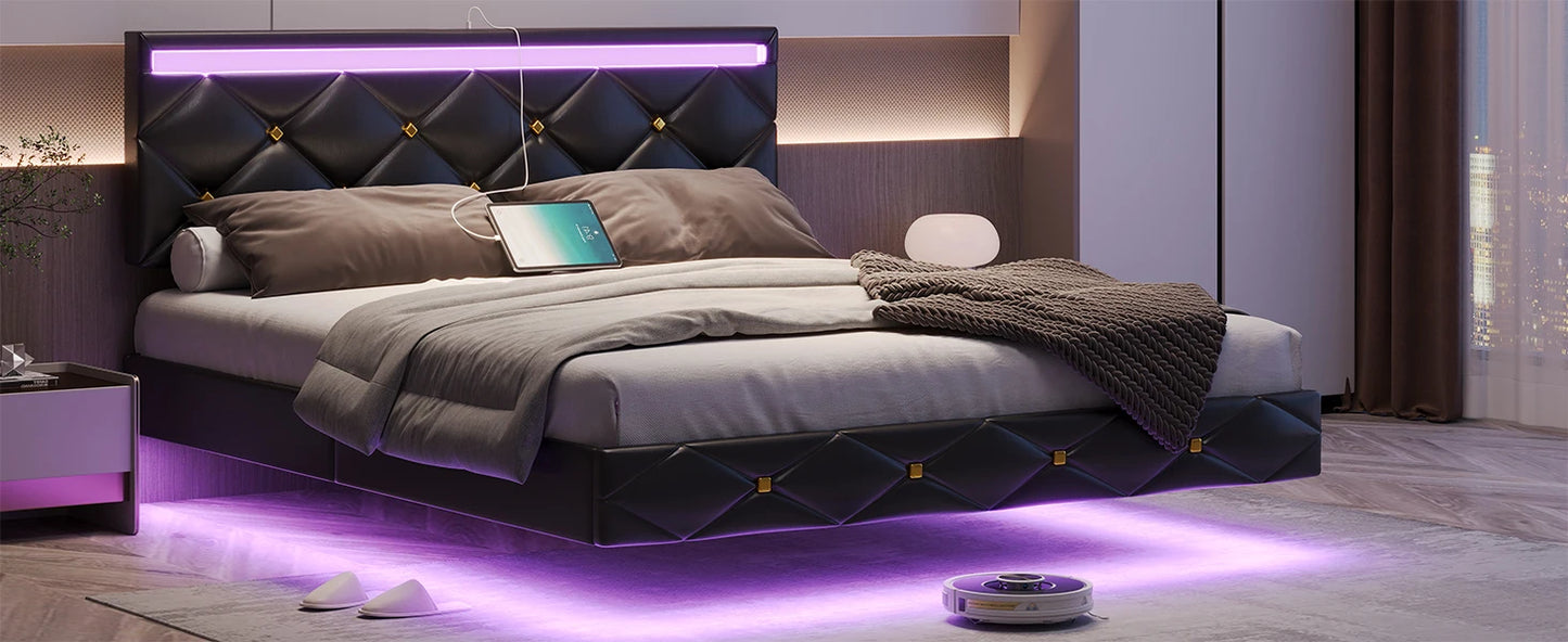 Floating LED bedframe with Storage and Charging Station
