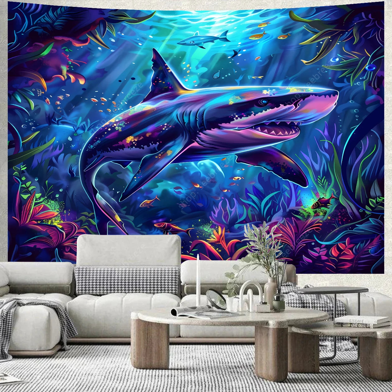 Psychedelic Shark UV Reactive tapestry