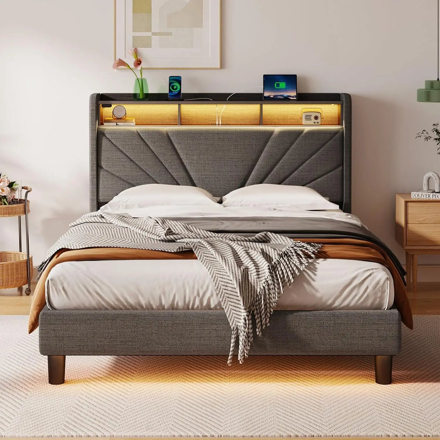 Bedframe with Storage Headboard and Upholstered with Heavy Duty Wood Slats