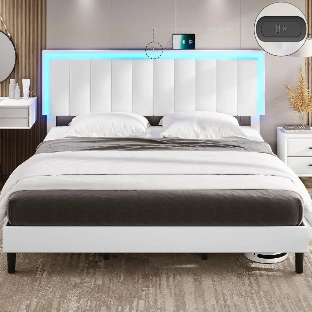 Bed Frame with Led Lights, USB Ports and Adjustable Headboard