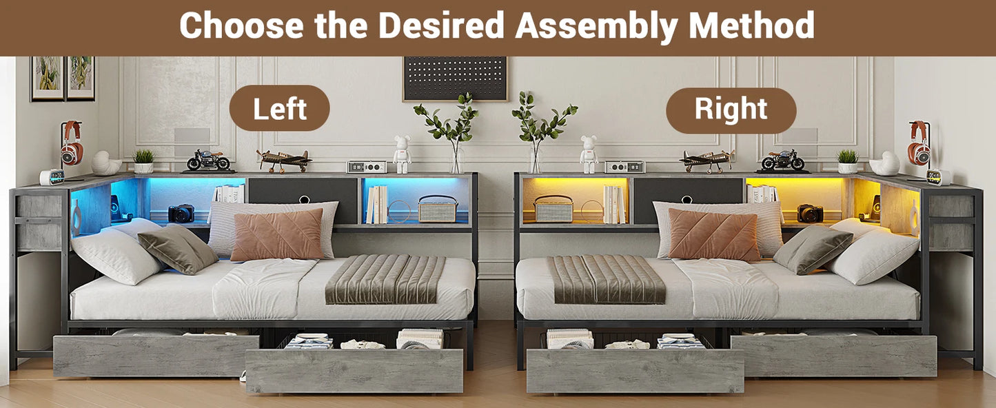 Corner Bed Frame with Bookcase and 2 Underbed Storage Drawers
