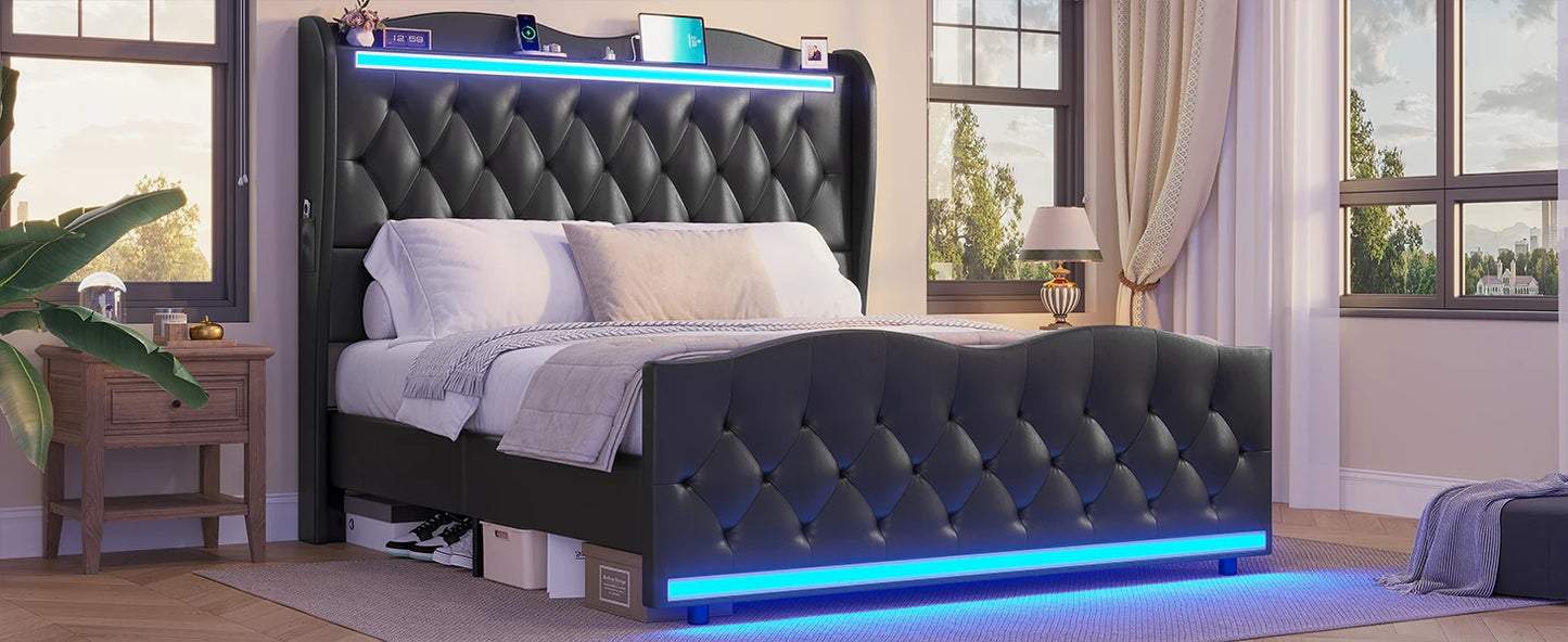 Floating Bedframe with extra Storage and Charging Station