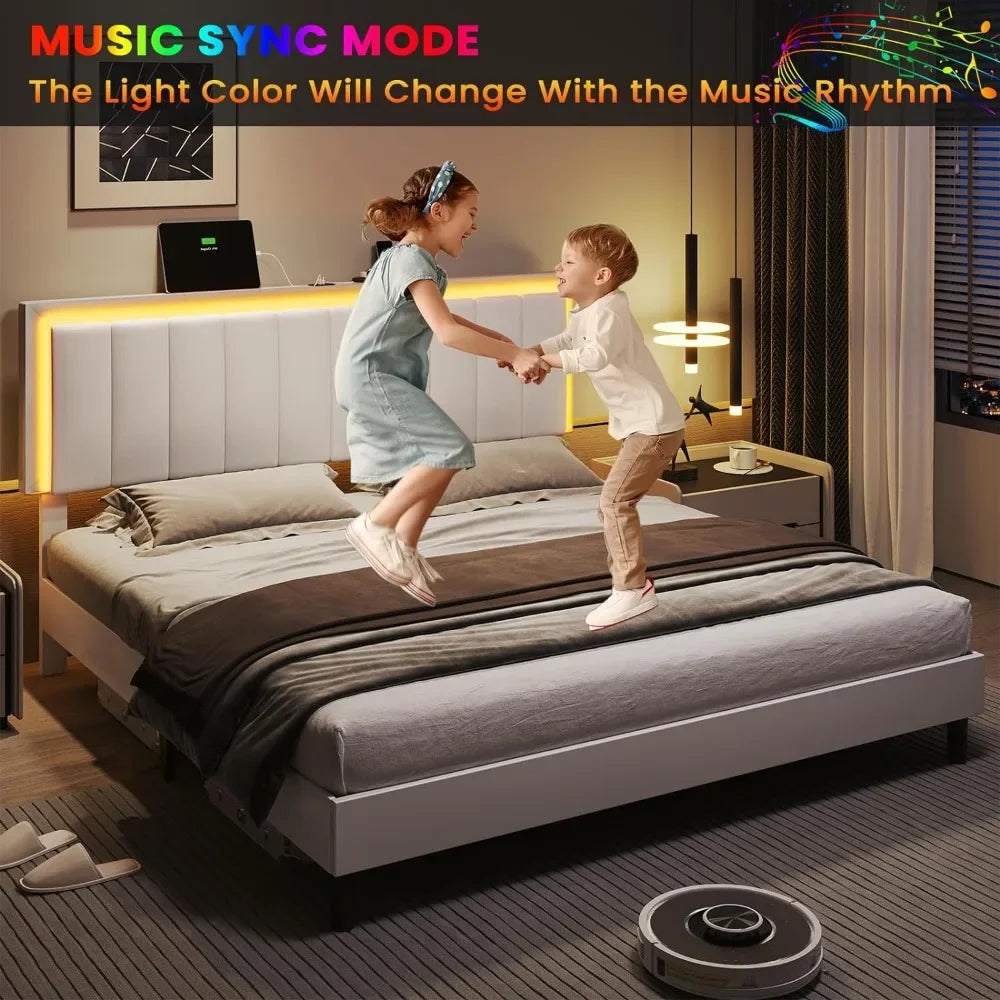 Bed Frame with Led Lights, USB Ports and Adjustable Headboard
