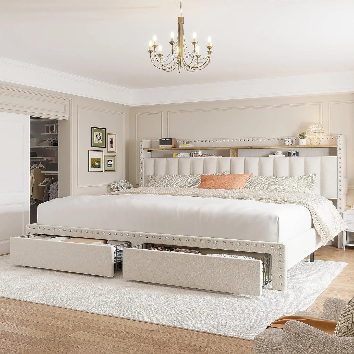 Cushion upholstered Bed Frame with 2 Drawer Storage