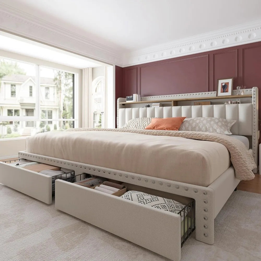 Cushion upholstered Bed Frame with 2 Drawer Storage