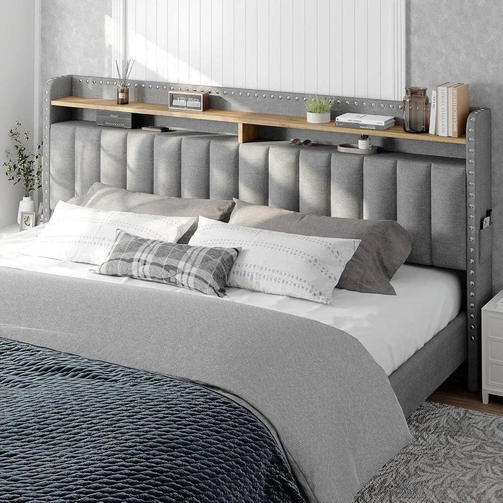 Cushion upholstered Bed Frame with 2 Drawer Storage