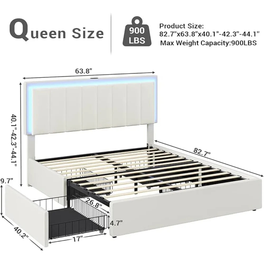 Leather Upholstered Bed Frame with 4 Storage Drawers LED Platform Bed and Charging Station