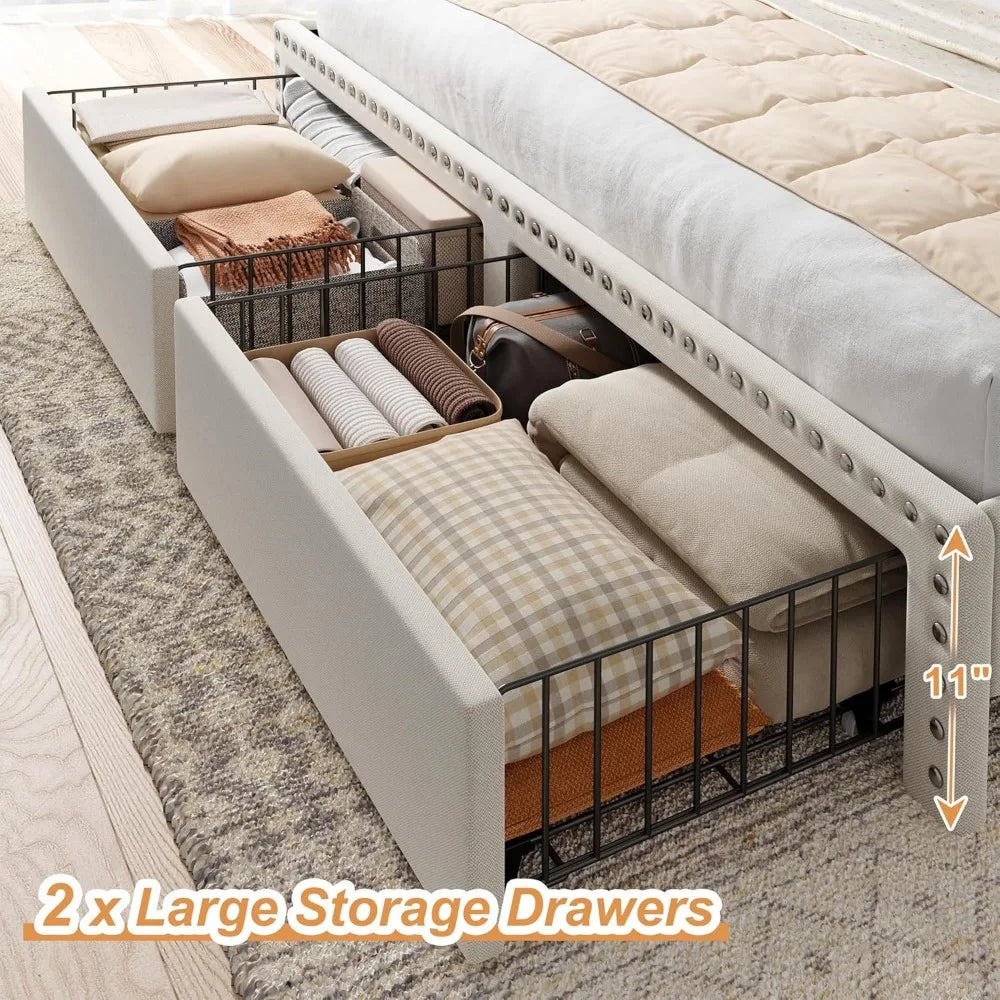 Cushion upholstered Bed Frame with 2 Drawer Storage
