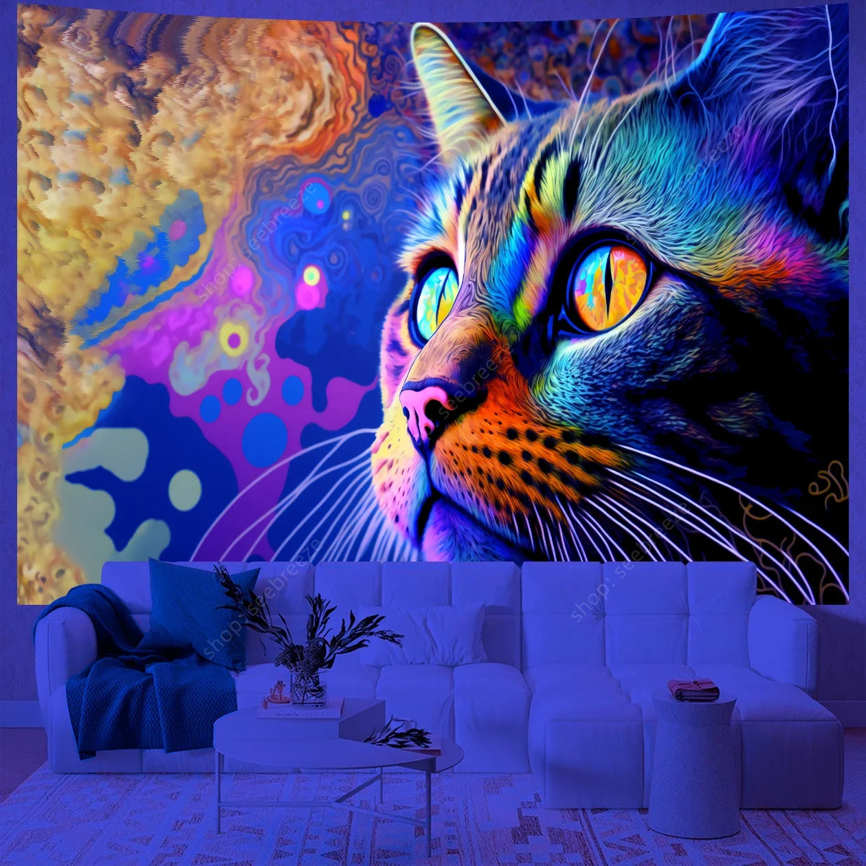 Psychedelic Cute Cat UV Reactive tapestry
