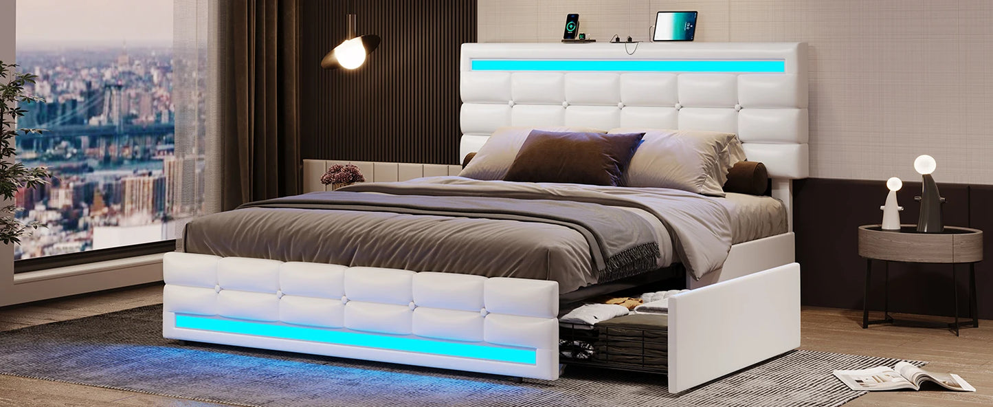 Bed Frame with Drawers & LED Lights Headboard Footboard