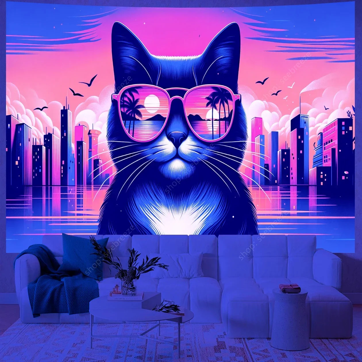 Psychedelic Cute Cat UV Reactive tapestry