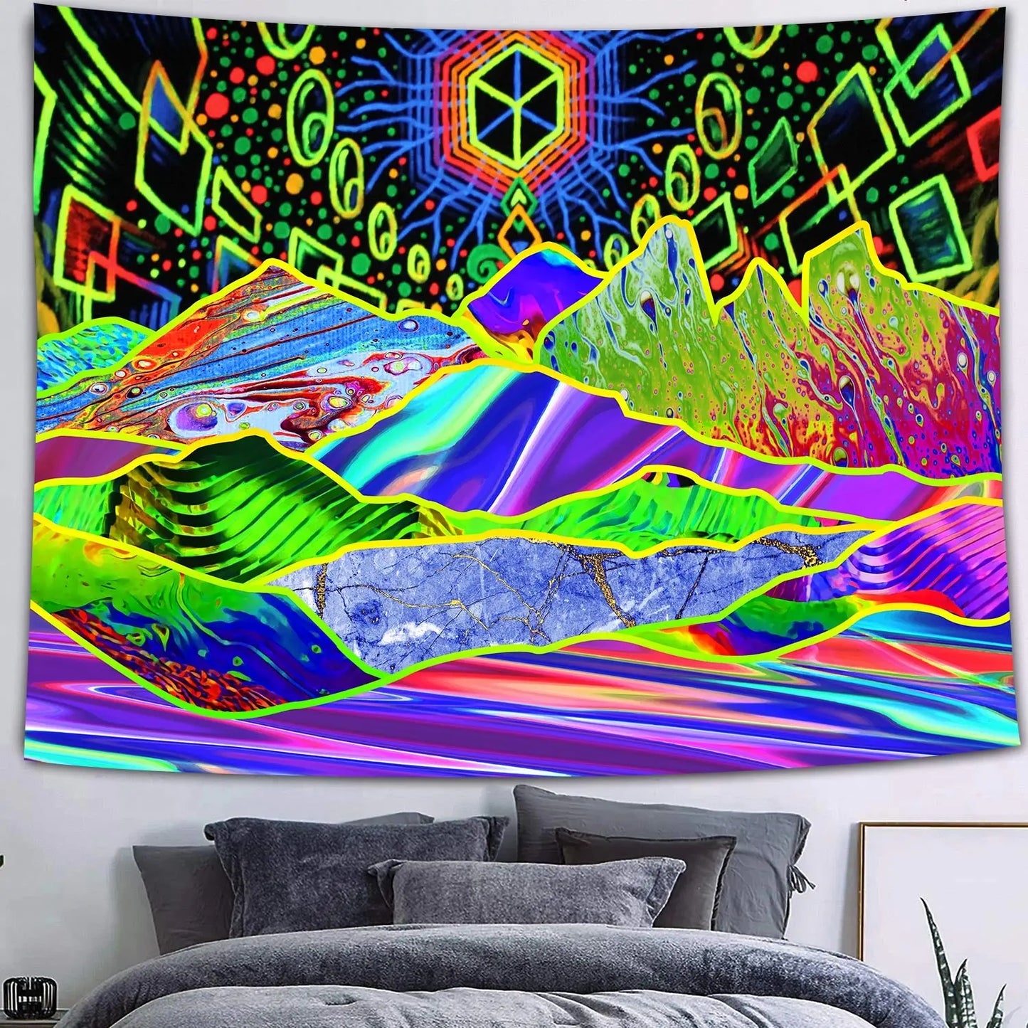 UV reactive cityscape tapestry