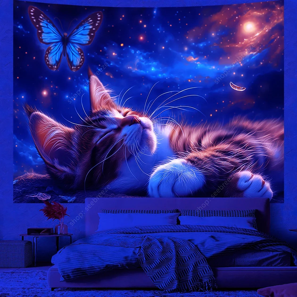 Psychedelic Cute Cat UV Reactive tapestry
