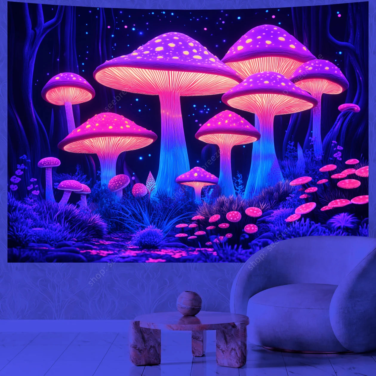 Fantasy Mushroom UV Reactive Tapestries