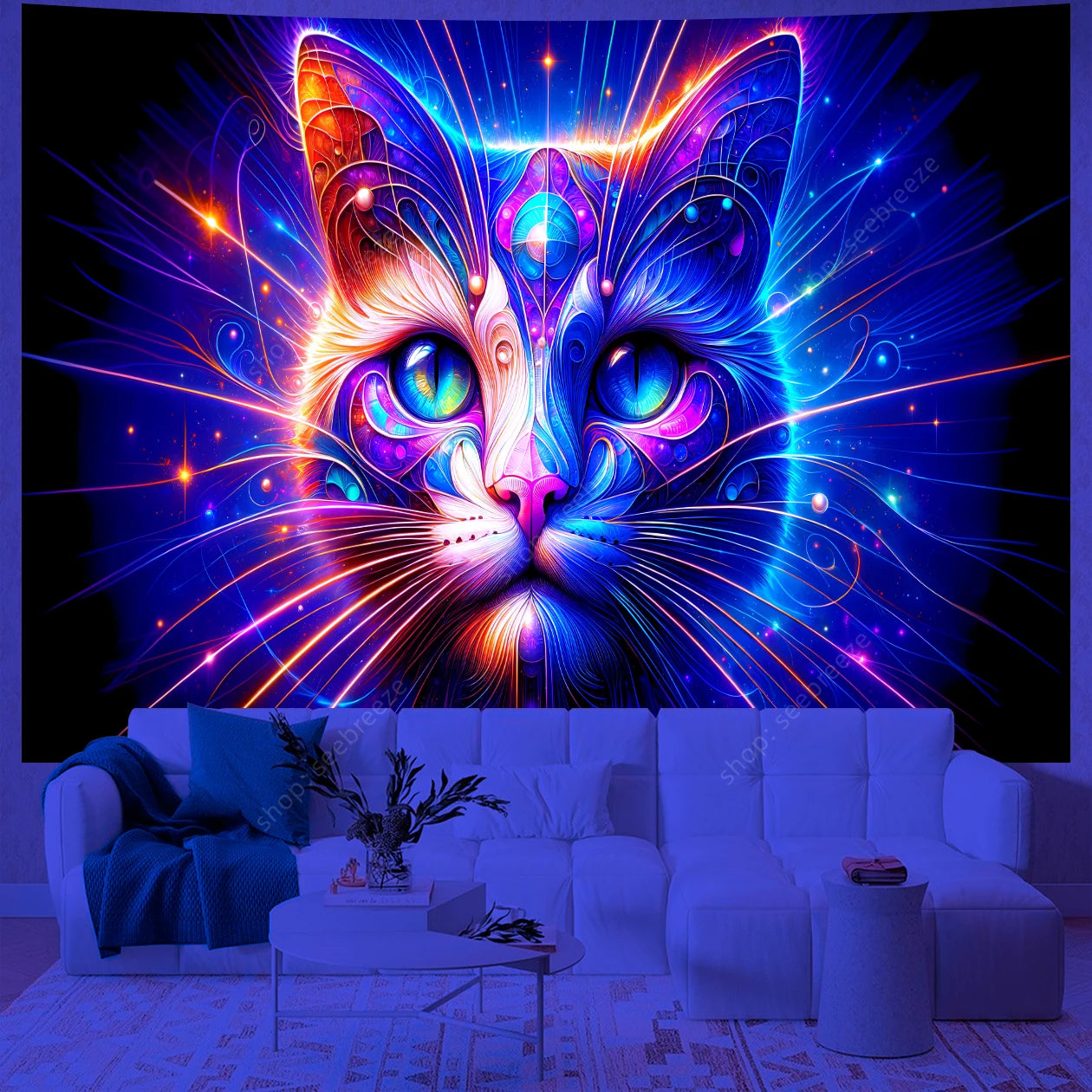Psychedelic Cute Cat UV Reactive tapestry