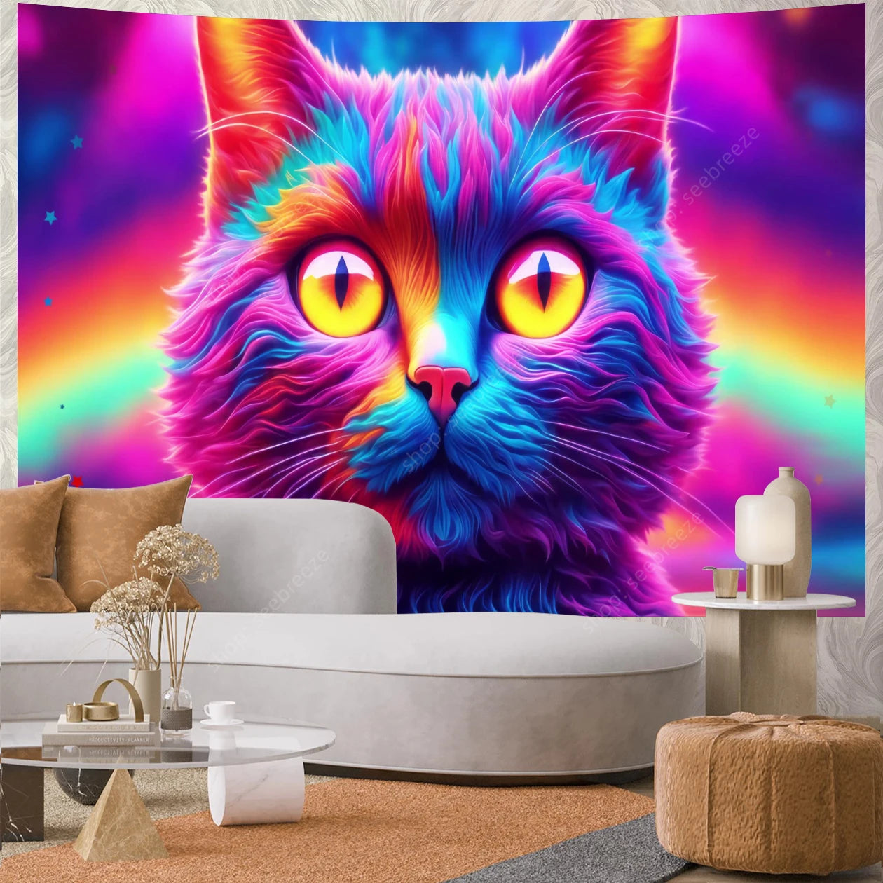 Psychedelic Cute Cat UV Reactive tapestry