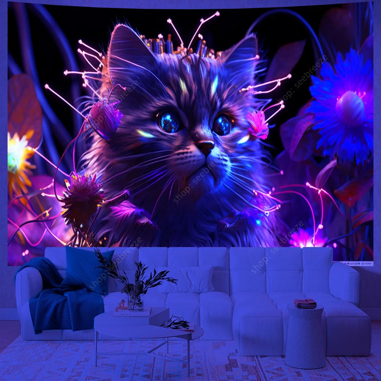 Psychedelic Cute Cat UV Reactive tapestry
