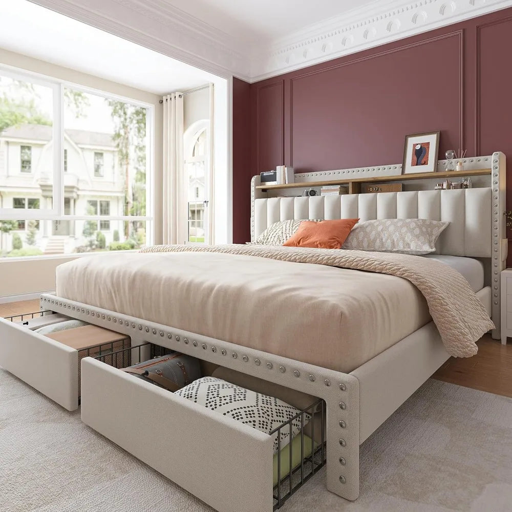 Cushion upholstered Bed Frame with 2 Drawer Storage