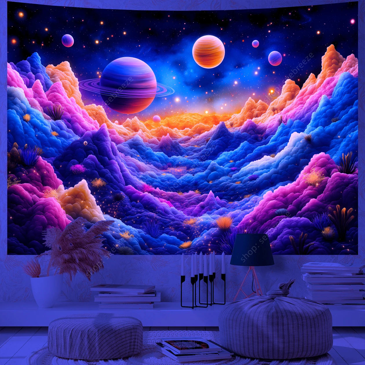 Galaxy Space Landscape UV Reactive Tapestries