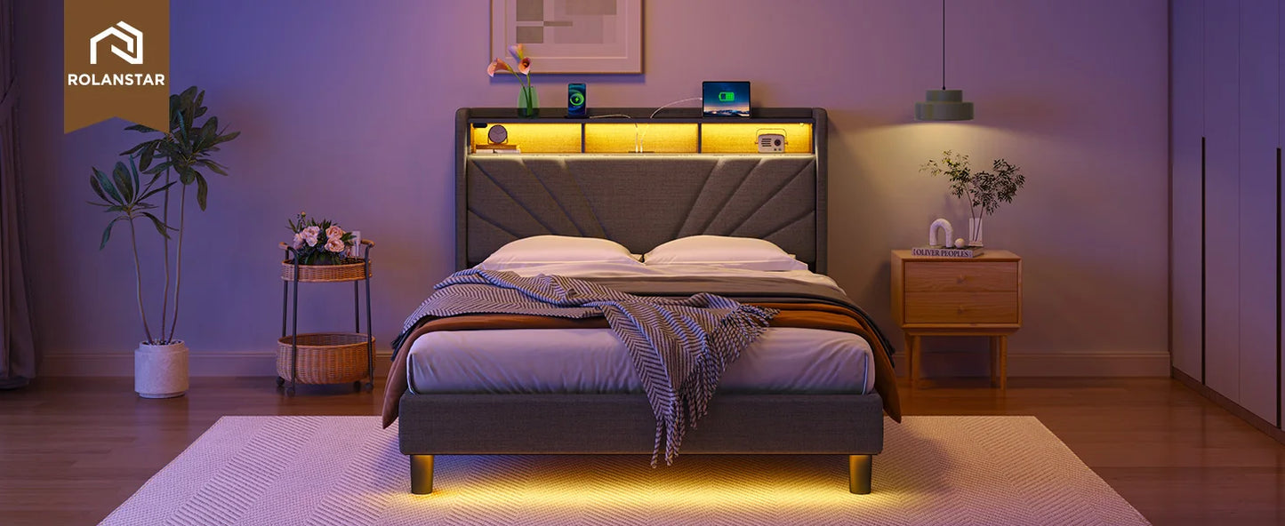 Bedframe with Storage Headboard and Upholstered with Heavy Duty Wood Slats