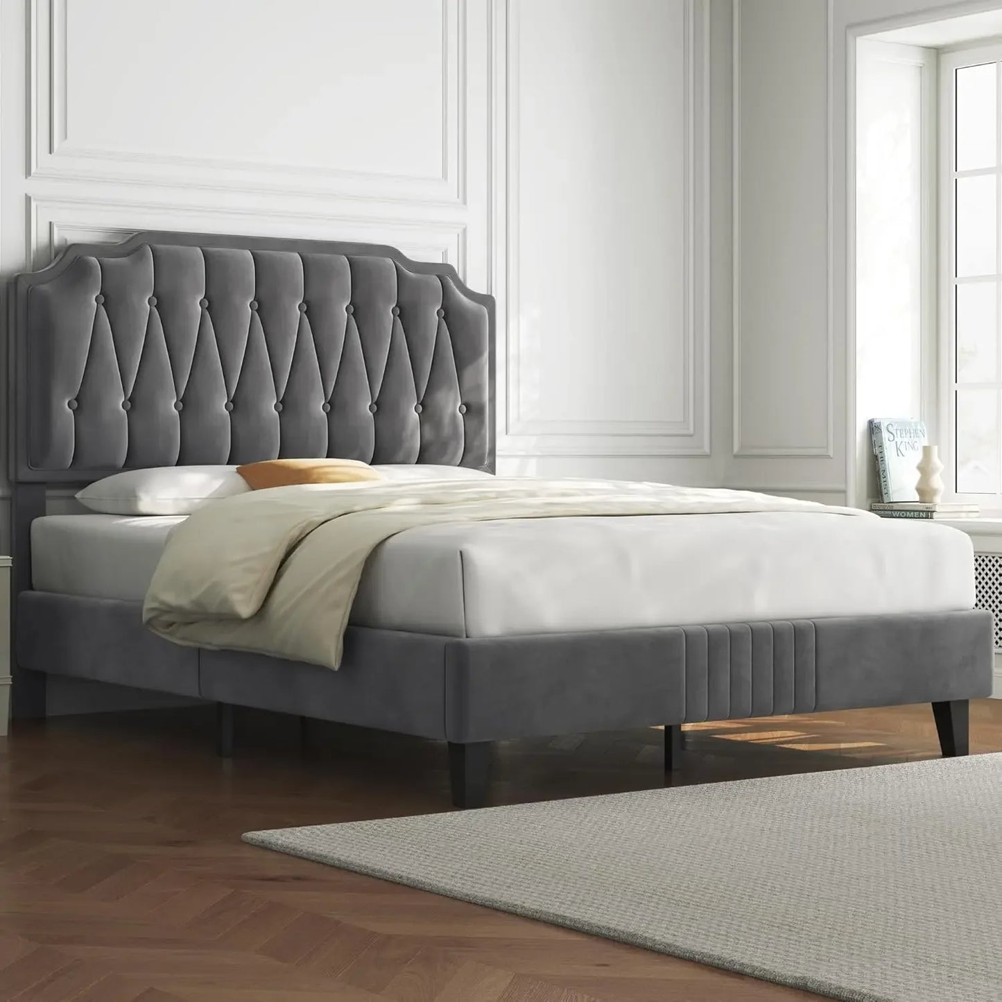 Velvet Upholstered Platform Bed with Curved Height-Adjustable Headboard