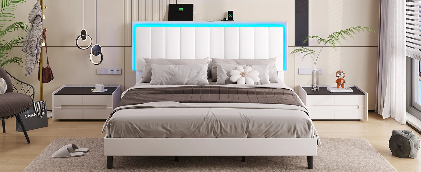 Bed Frame with Led Lights, USB Ports and Adjustable Headboard