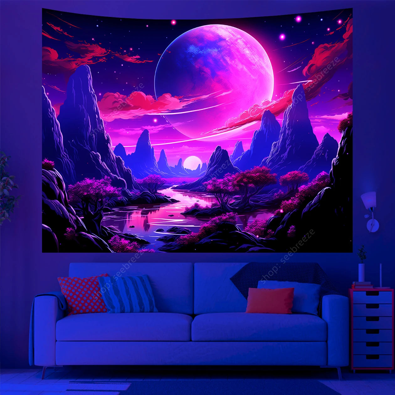 Galaxy Space Landscape UV Reactive Tapestries