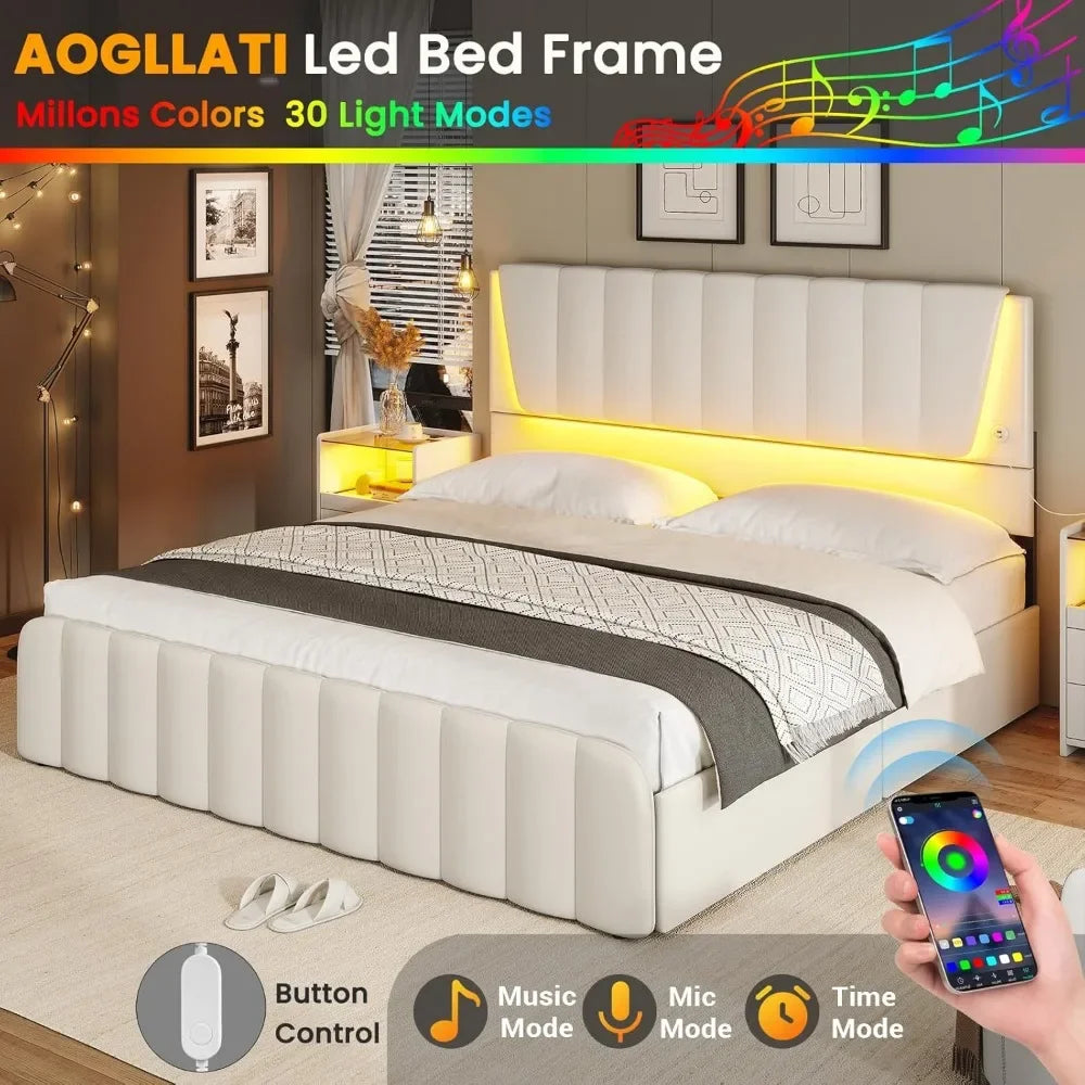 Bed Frame with 4 Storage Drawers, Led Lights & 2 USB Ports