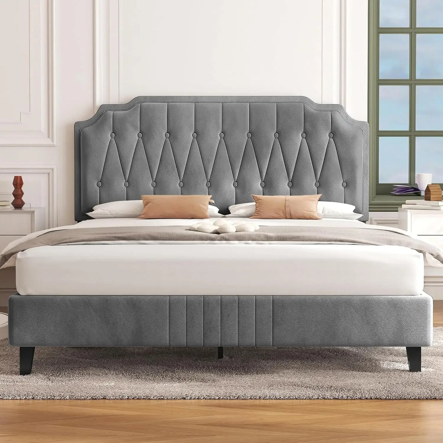 Velvet Upholstered Platform Bed with Curved Height-Adjustable Headboard