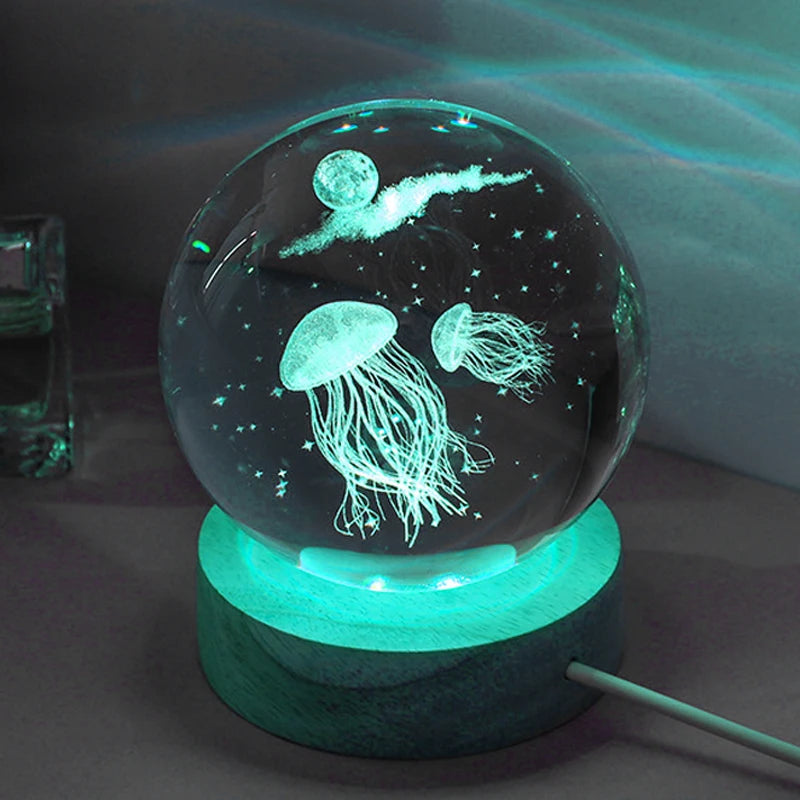 3D Jellyfish Laser engraved crystal ball LED night light