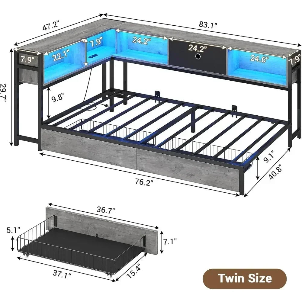 Corner Bed Frame with Bookcase and 2 Underbed Storage Drawers
