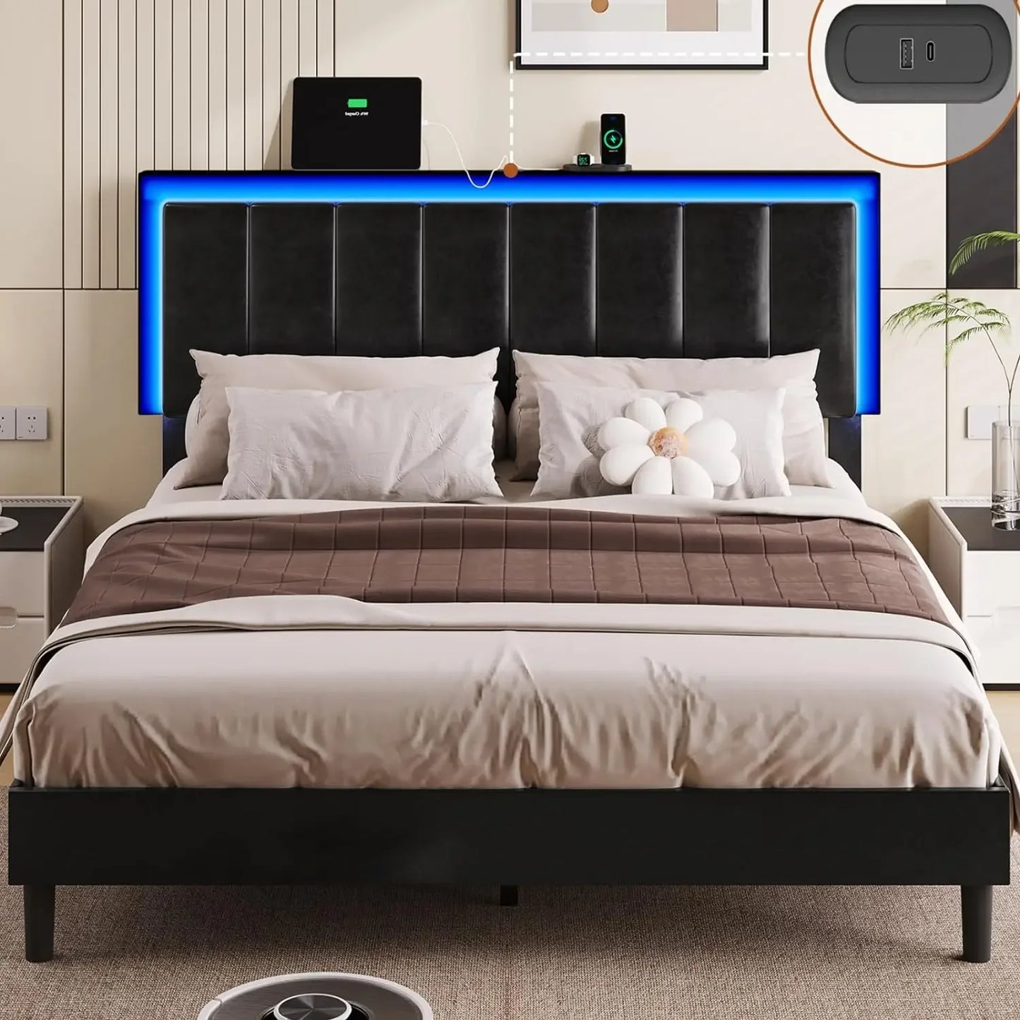 Bed Frame with Led Lights, USB Ports and Adjustable Headboard