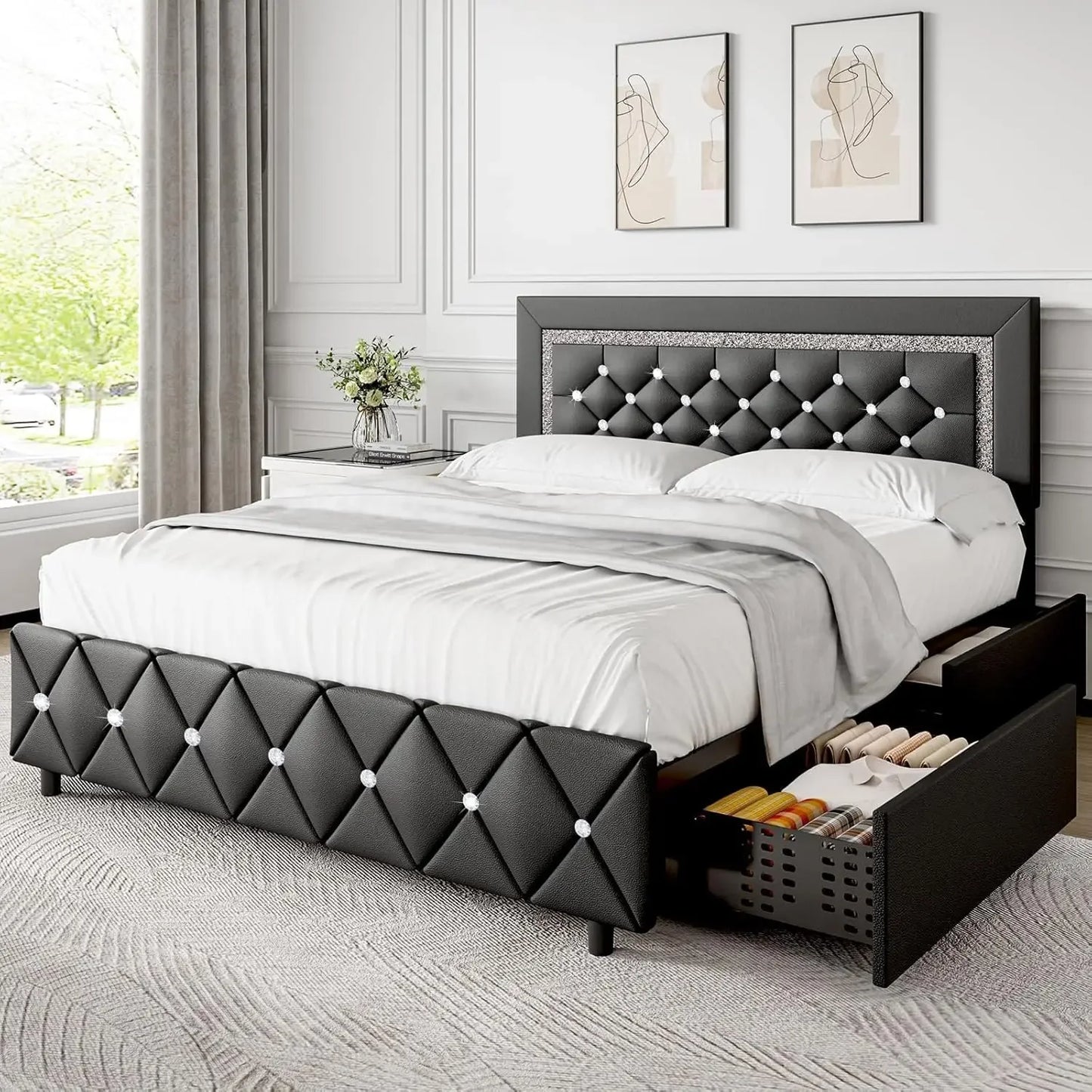 Princess style Bed Frame with Diamond Headboard and Storage