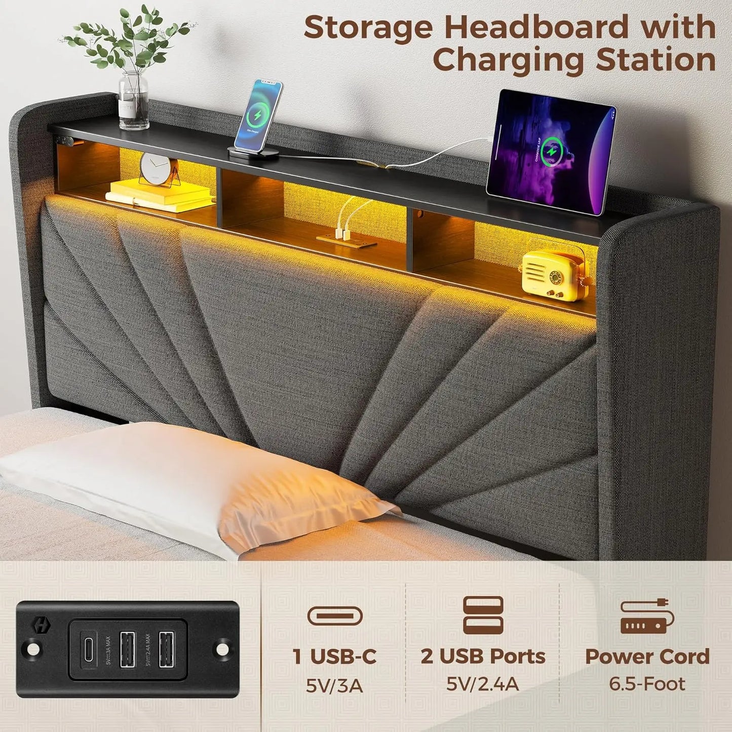 Bedframe with Storage Headboard and Upholstered with Heavy Duty Wood Slats